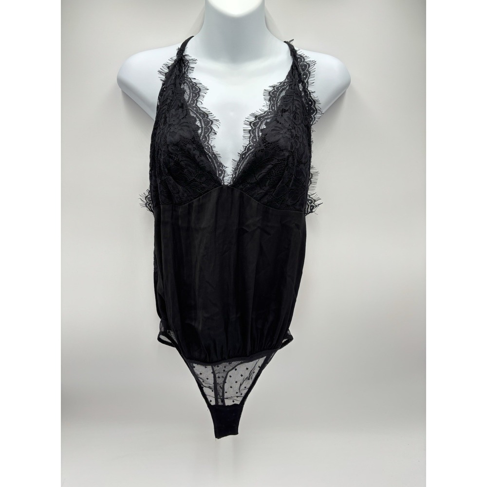 Free People Intimately Melrose Black Eyelash Lace Open Back Bodysuit NWT